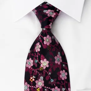 Mila Schon Silk Rhinestone Necktie Burgundy Pink Floral On Purple With Silver Sparkles