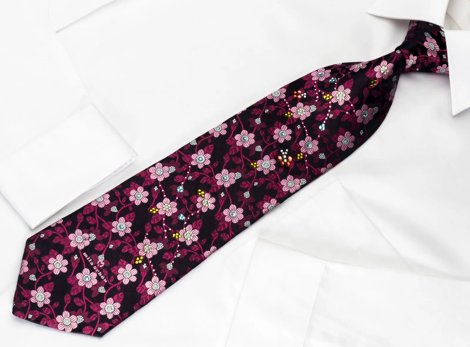 Mila Schon Silk Rhinestone Necktie Burgundy Pink Floral On Purple With Silver Sparkles