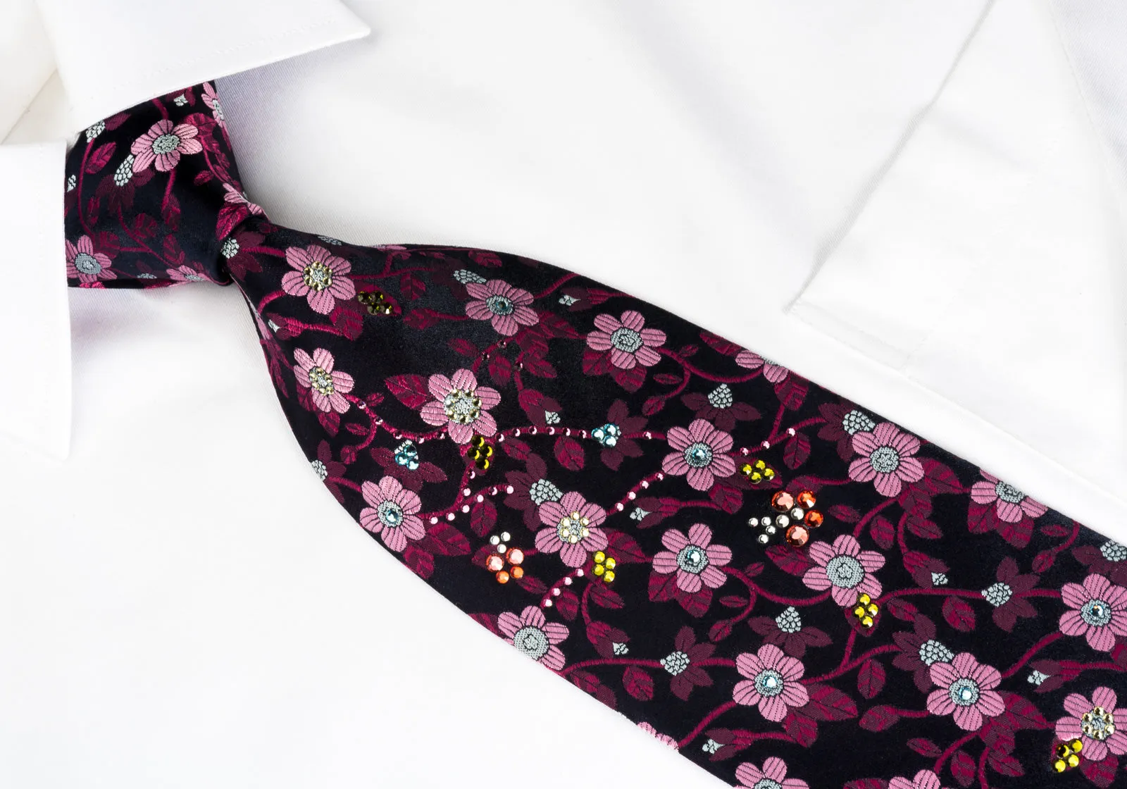 Mila Schon Silk Rhinestone Necktie Burgundy Pink Floral On Purple With Silver Sparkles