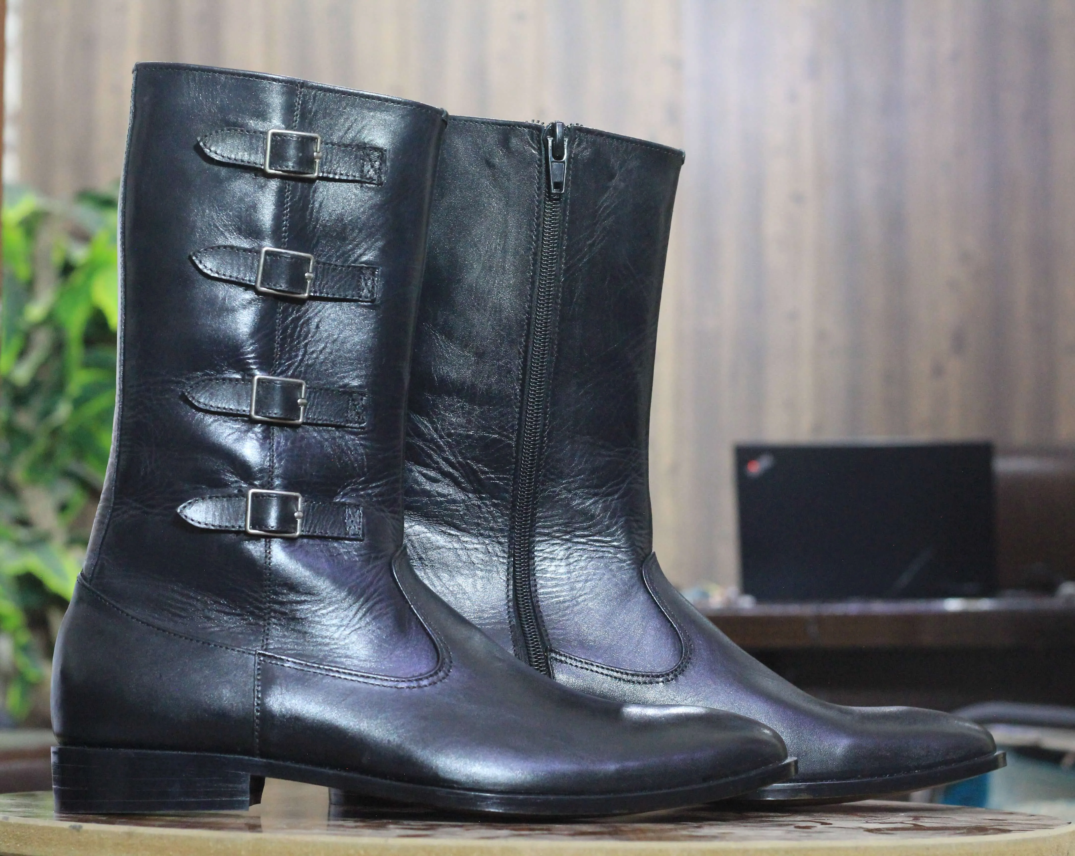 New Classic Black Leather Ankle Boot With Forth Monk Side Zipper Boot