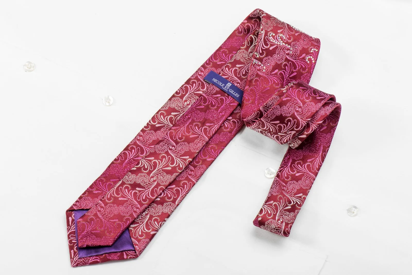 Nicole St Giles Men's Crystal Silk Necktie Acanthus On Red With Silver Sparkles