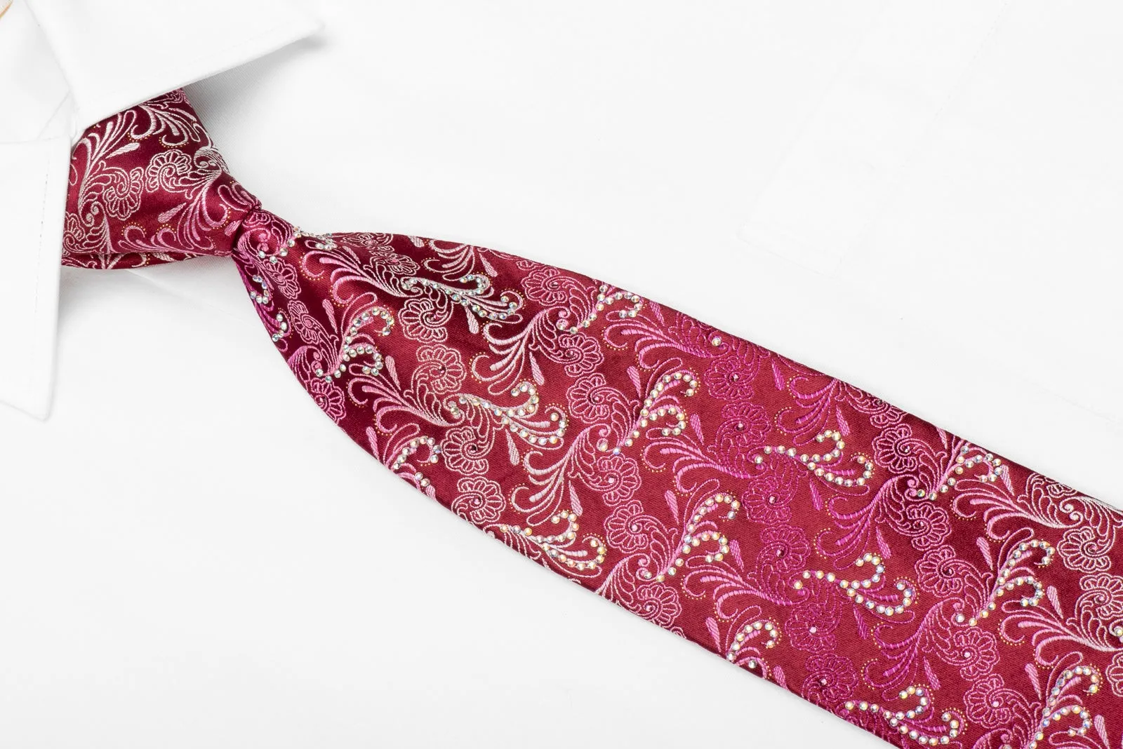 Nicole St Giles Men's Crystal Silk Necktie Acanthus On Red With Silver Sparkles