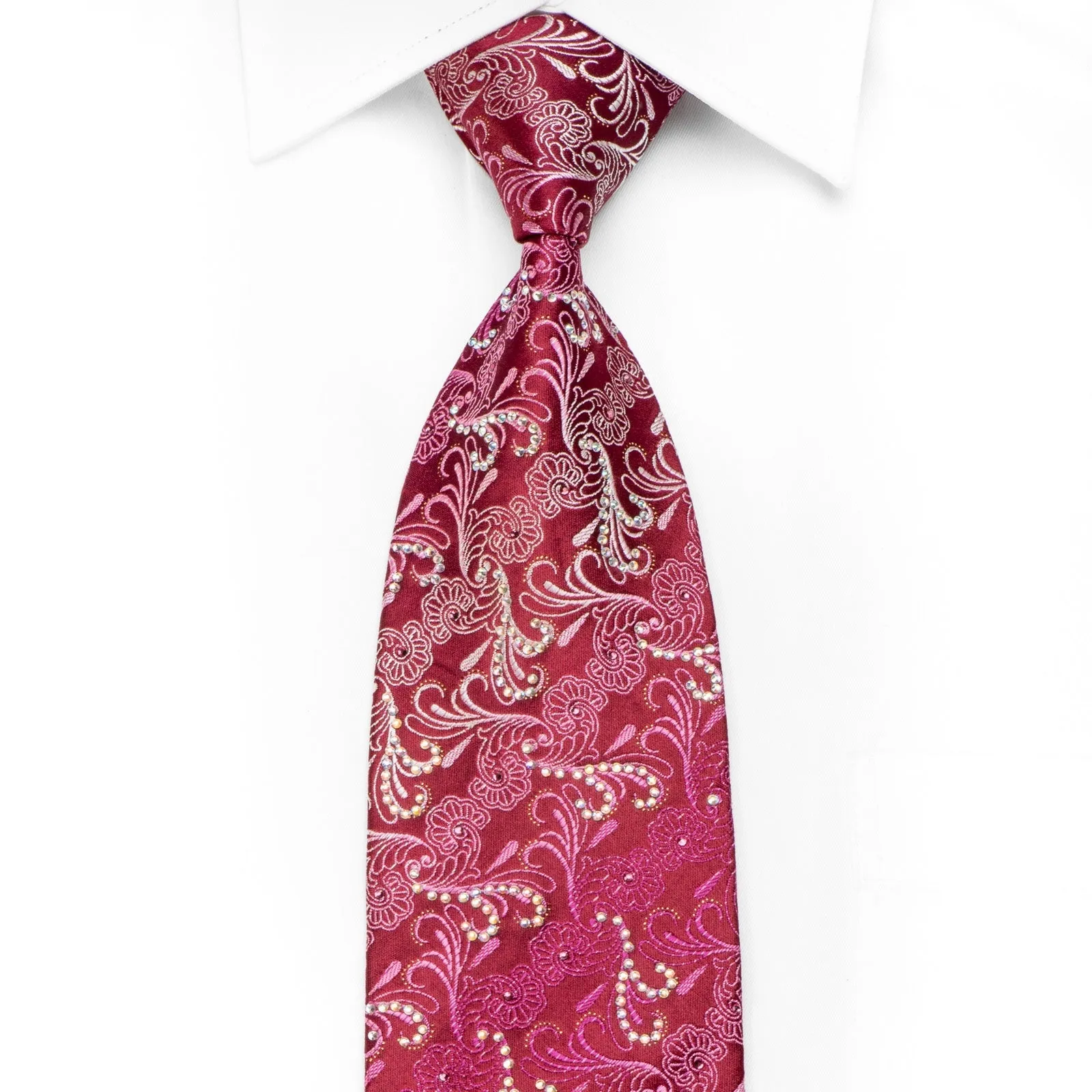 Nicole St Giles Men's Crystal Silk Necktie Acanthus On Red With Silver Sparkles