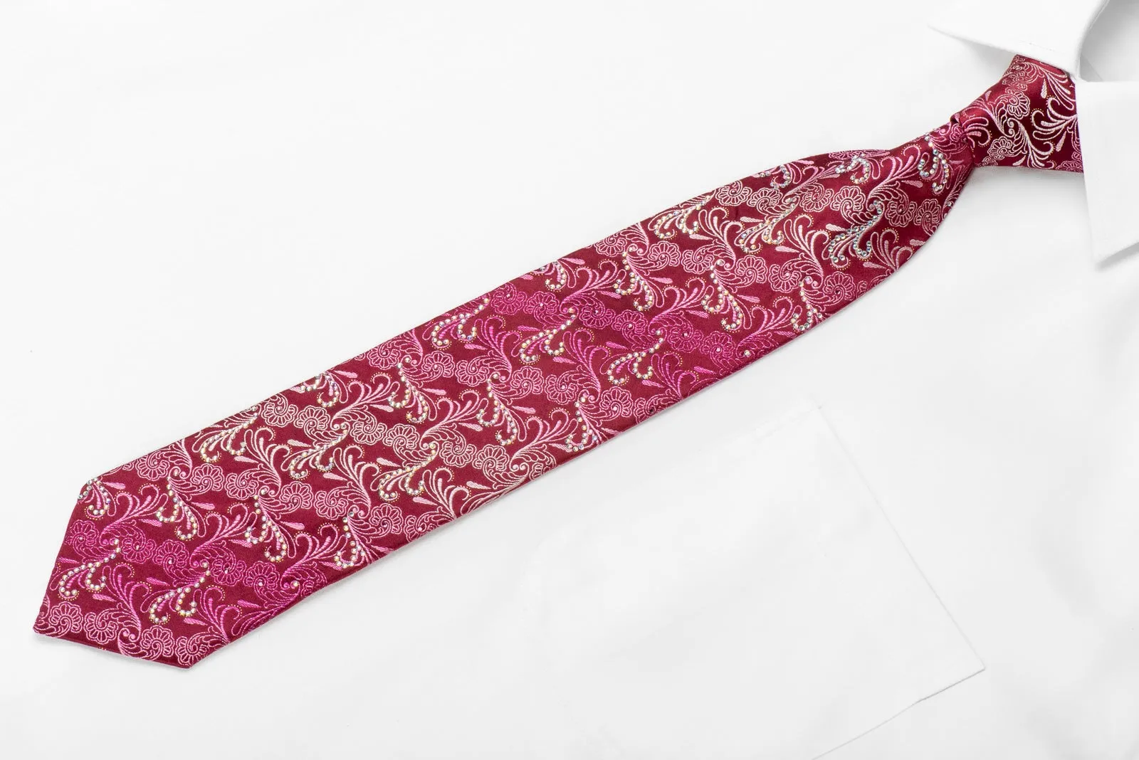 Nicole St Giles Men's Crystal Silk Necktie Acanthus On Red With Silver Sparkles