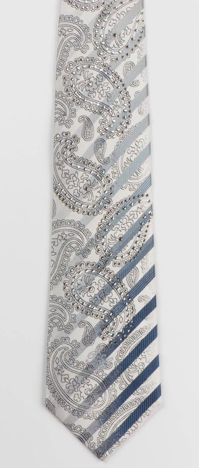 Nina Ricci Mens Silk Rhinestone Neck Tie Silver Stripes & Paisley On White