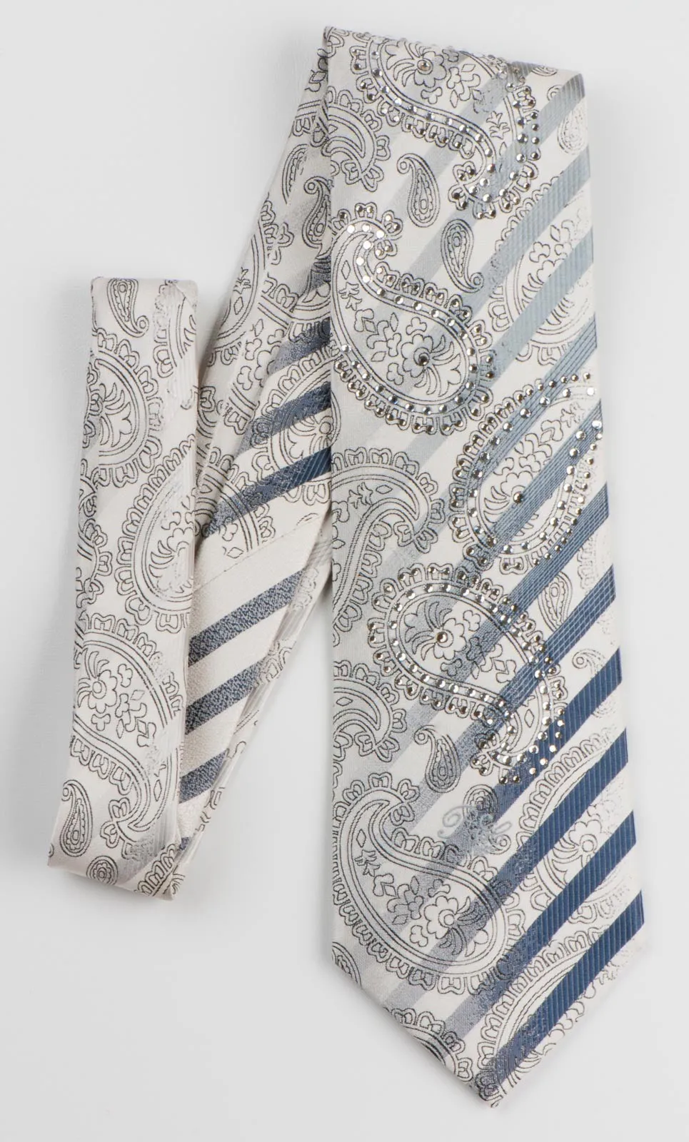 Nina Ricci Mens Silk Rhinestone Neck Tie Silver Stripes & Paisley On White