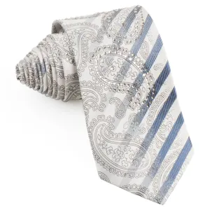 Nina Ricci Mens Silk Rhinestone Neck Tie Silver Stripes & Paisley On White