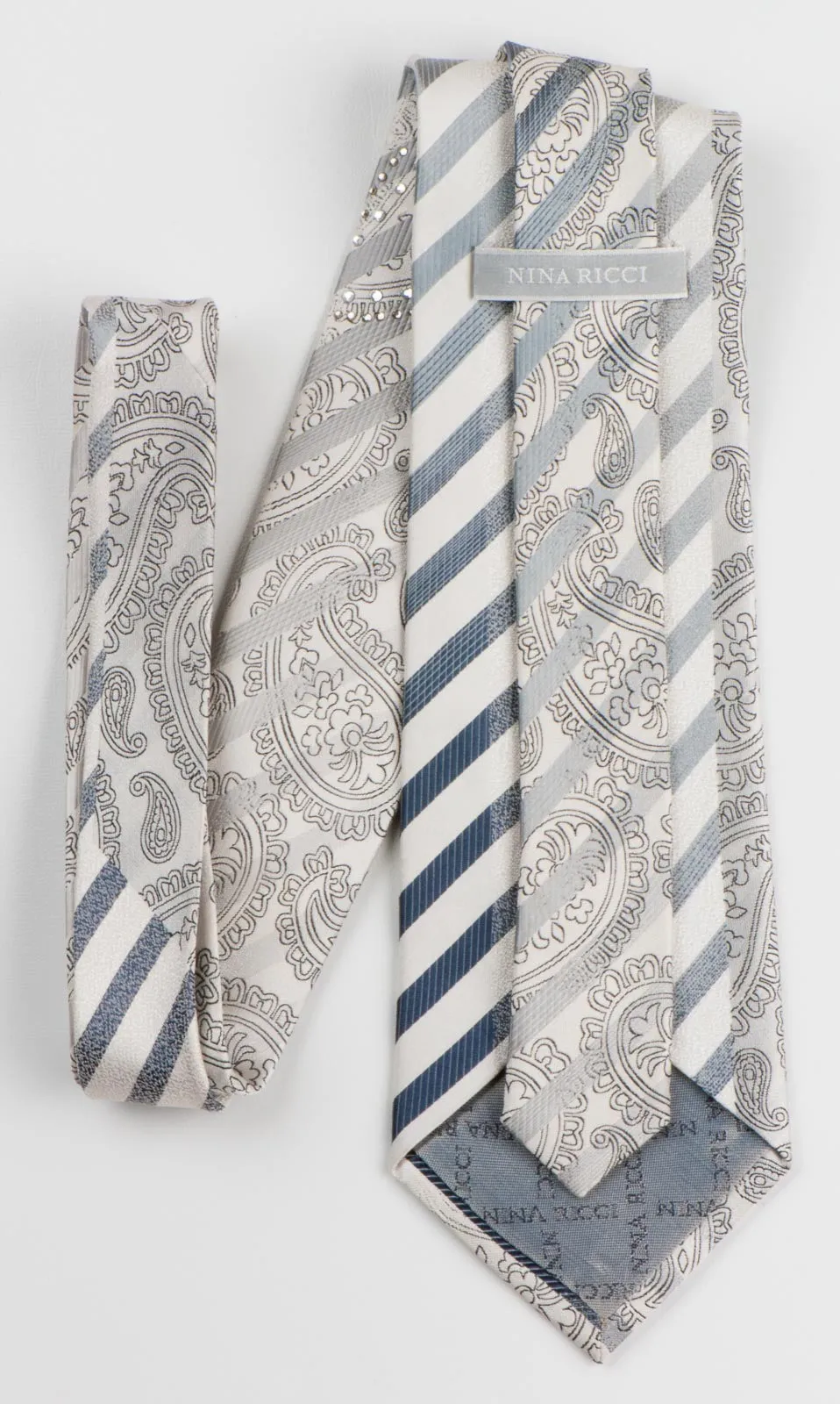 Nina Ricci Mens Silk Rhinestone Neck Tie Silver Stripes & Paisley On White