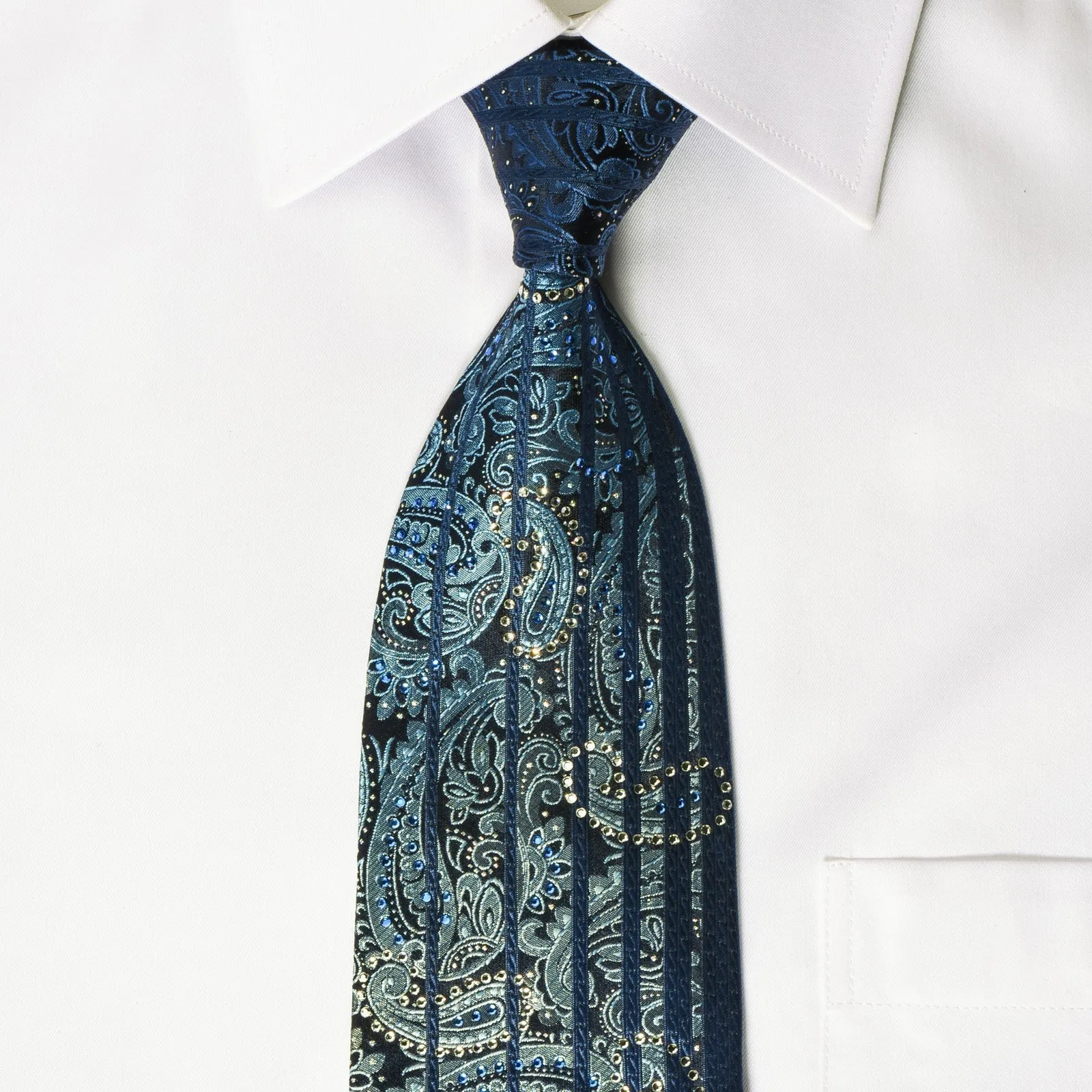 Nina Ricci Mens Silk Rhinestone Necktie Paisley On Navy Blue With Bling