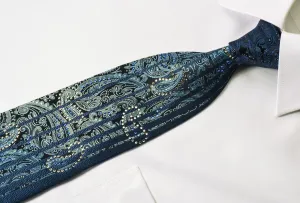 Nina Ricci Mens Silk Rhinestone Necktie Paisley On Navy Blue With Bling