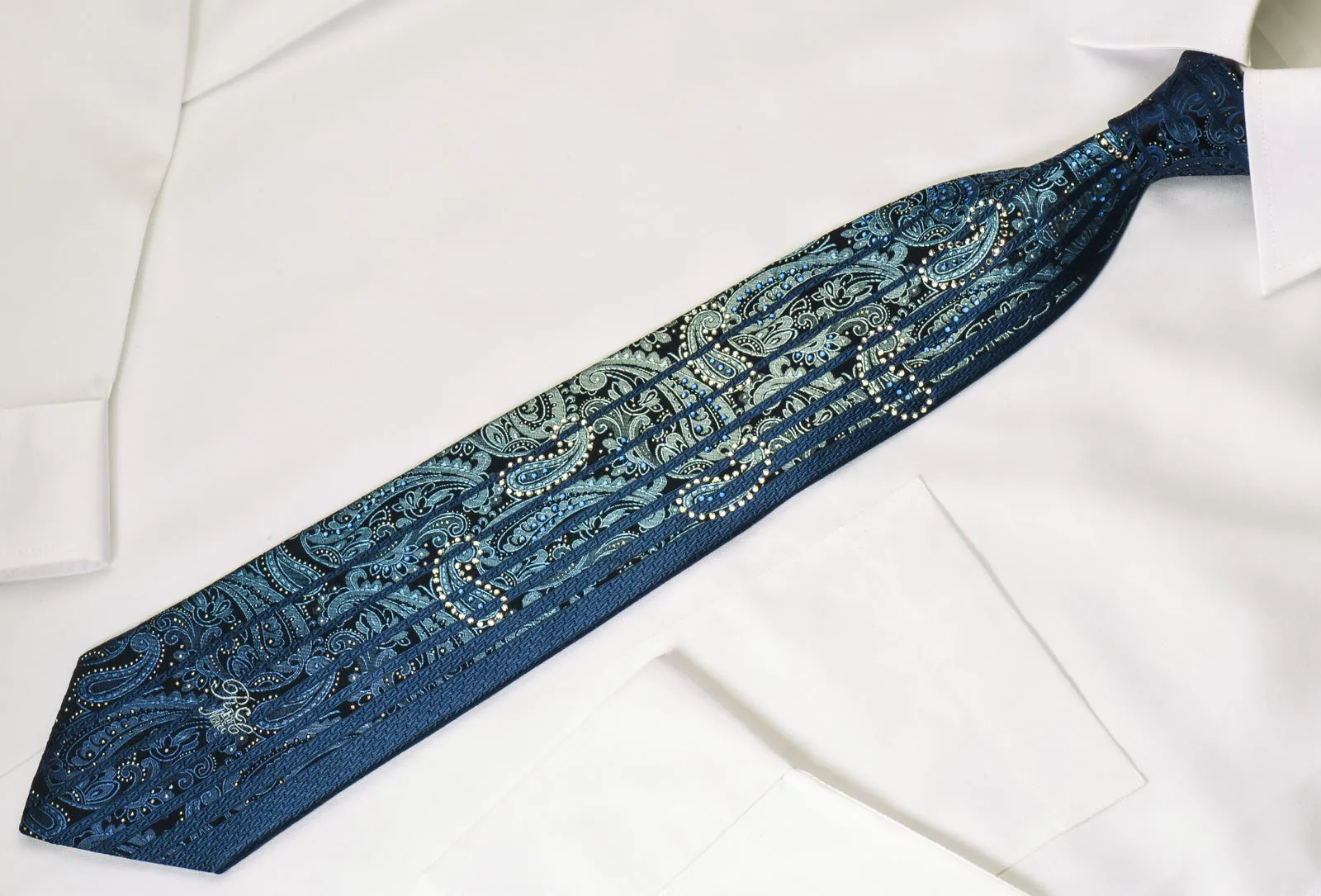 Nina Ricci Mens Silk Rhinestone Necktie Paisley On Navy Blue With Bling