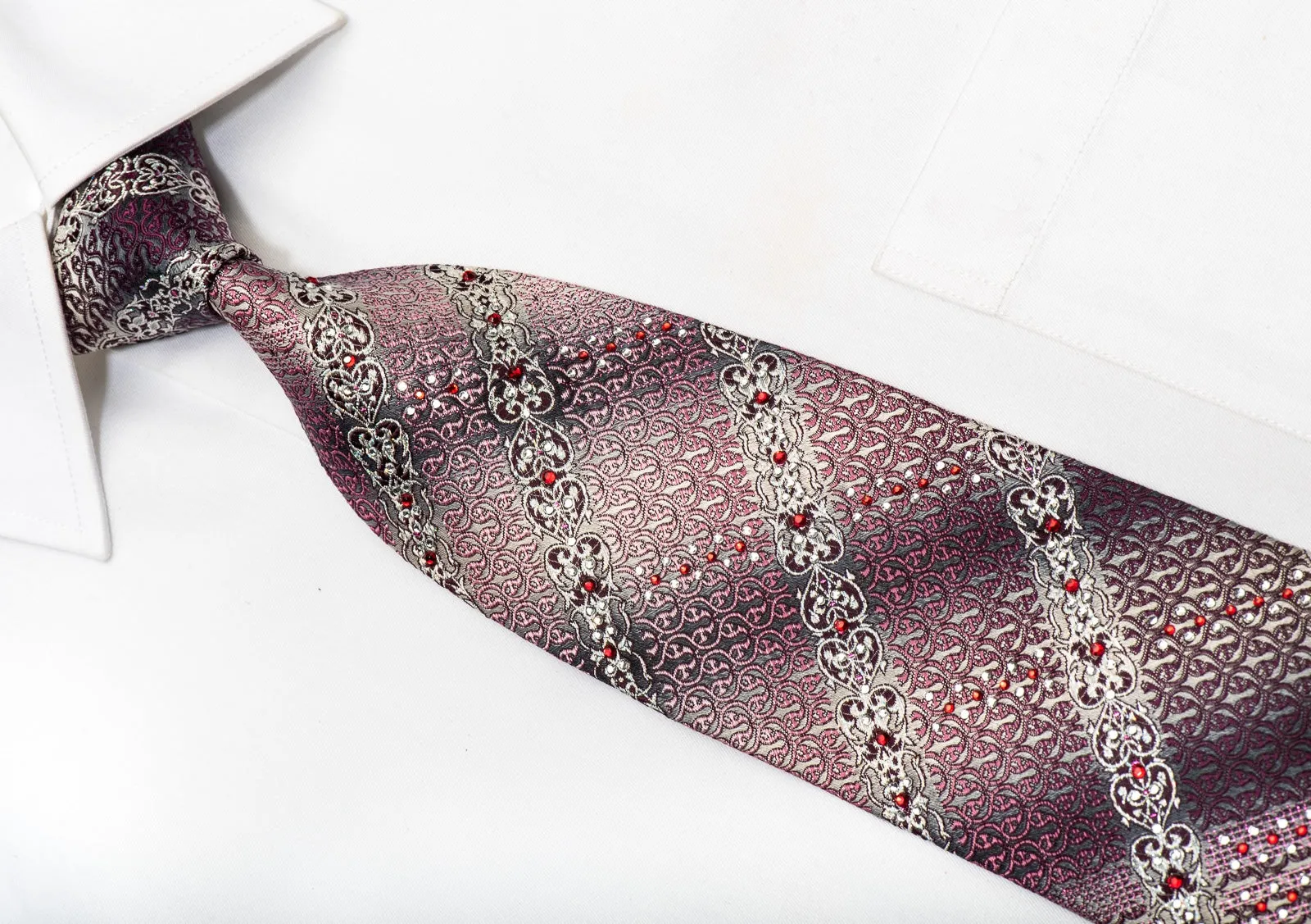 Park Land Men's Silk Necktie Pink Burgundy Cartouche On Silver Sparkling With Rhinestones