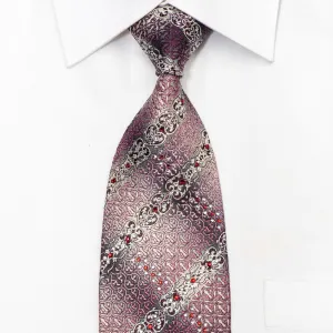 Park Land Men's Silk Necktie Pink Burgundy Cartouche On Silver Sparkling With Rhinestones