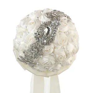 Pearl and Rhinestone with Cream Satin Roses Wedding Bridal Bouquet