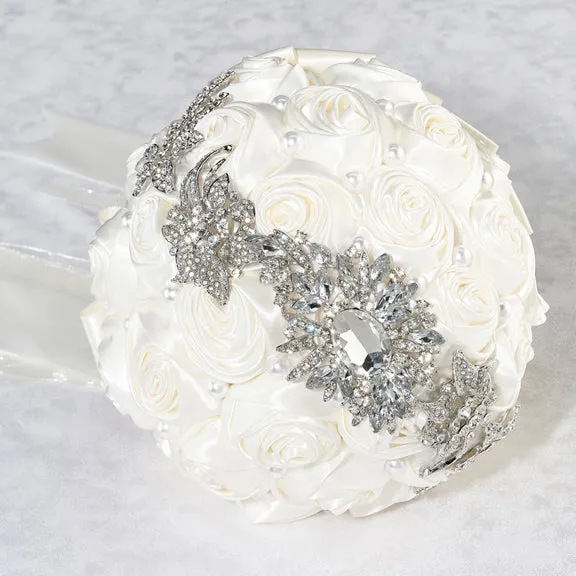 Pearl and Rhinestone with Cream Satin Roses Wedding Bridal Bouquet