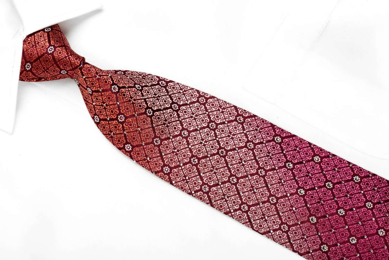 Perry Ellis Men's Crystal Rhinestone Silk Tie Burgundy Purple Cartouche On Burgundy