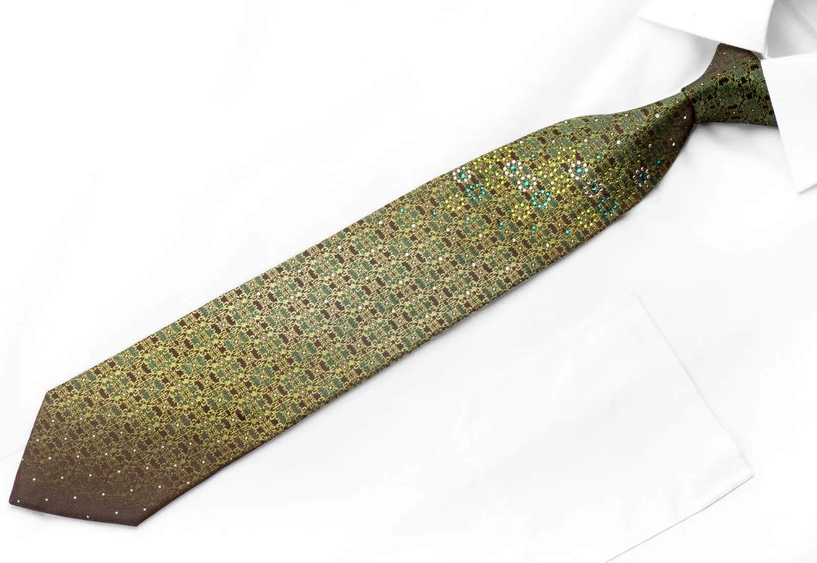 Perry Ellis Men's Rhinestone Silk Necktie Green Cartouche On Brown With Silver Sparkles