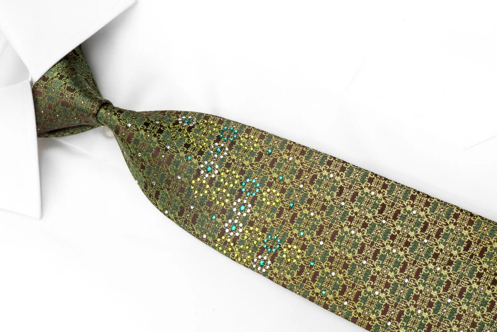 Perry Ellis Men's Rhinestone Silk Necktie Green Cartouche On Brown With Silver Sparkles