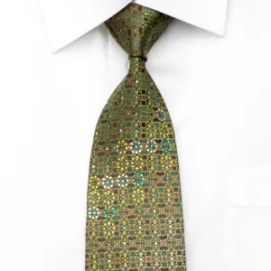 Perry Ellis Men's Rhinestone Silk Necktie Green Cartouche On Brown With Silver Sparkles