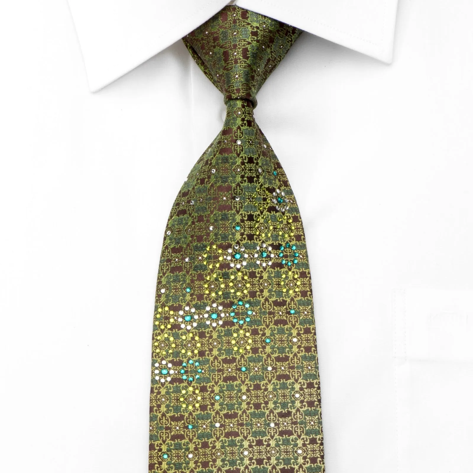 Perry Ellis Men's Rhinestone Silk Necktie Green Cartouche On Brown With Silver Sparkles