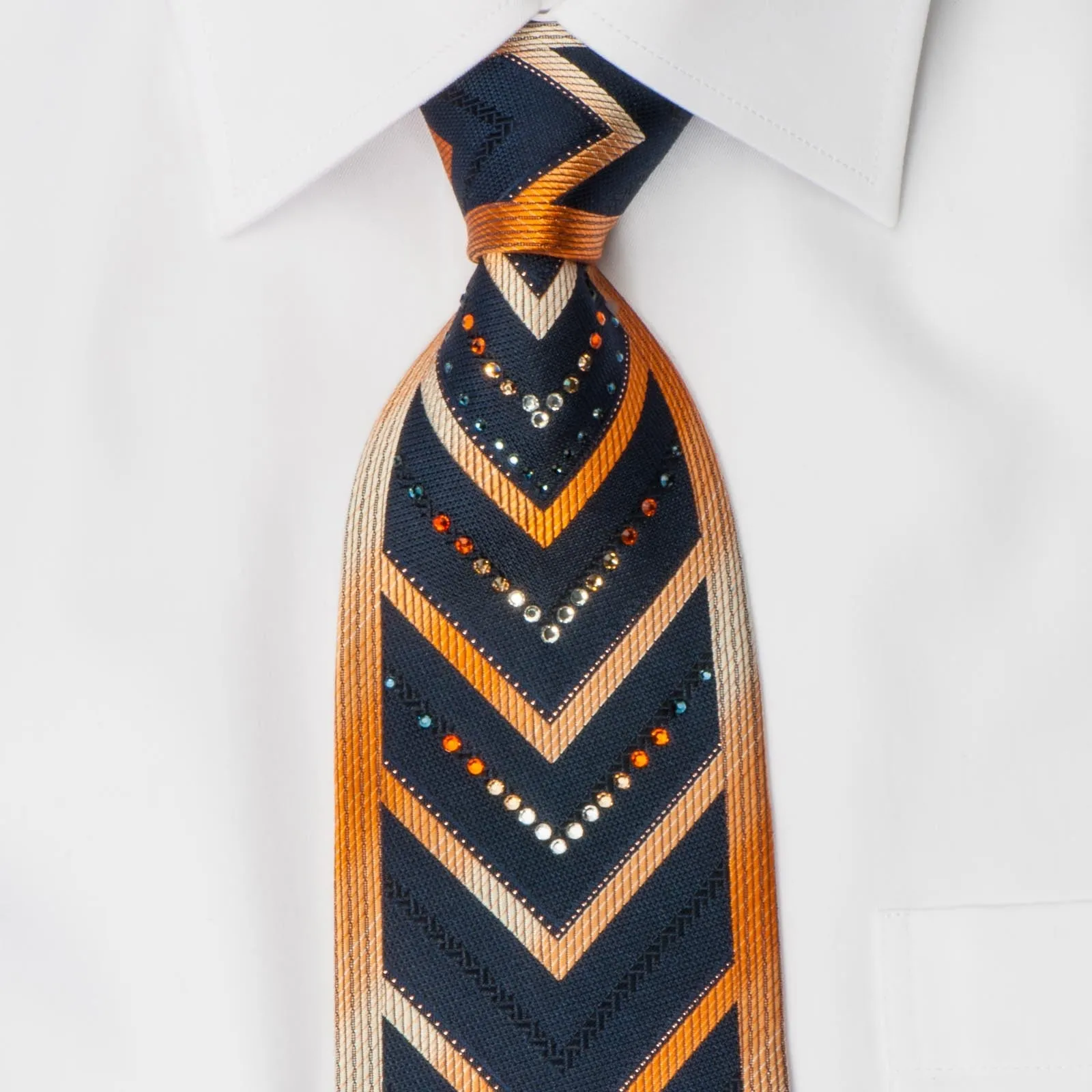 Perry Ellis Men's Rhinestone Silk Necktie Orange Chevron V Stripes On Black Silk