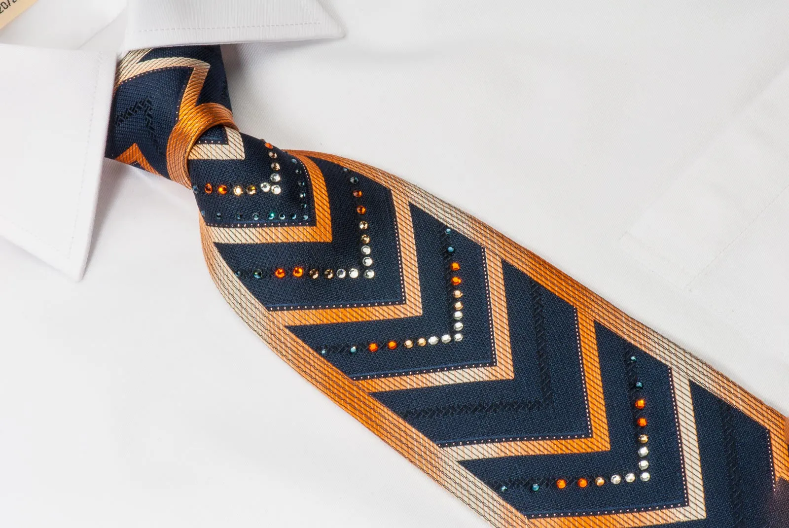 Perry Ellis Men's Rhinestone Silk Necktie Orange Chevron V Stripes On Black Silk