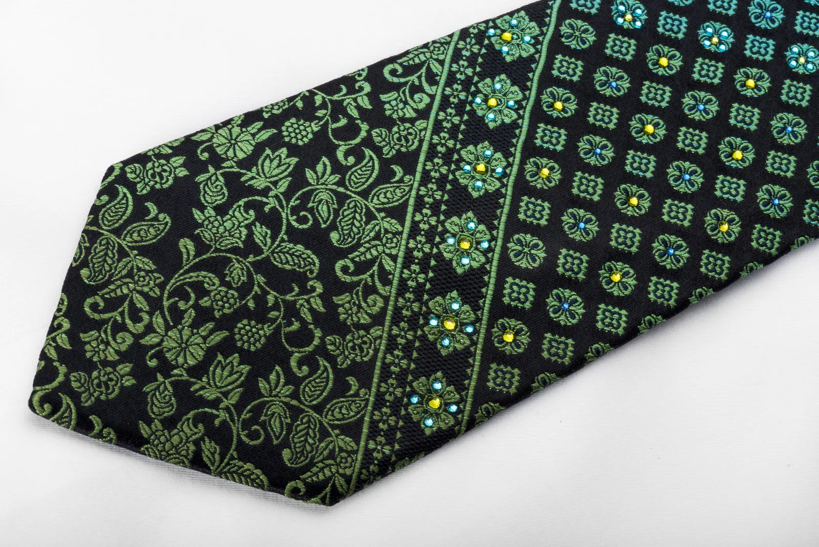 Perry Ellis Men's Silk Necktie Green Floral On Black Sparkling With Rhinestones