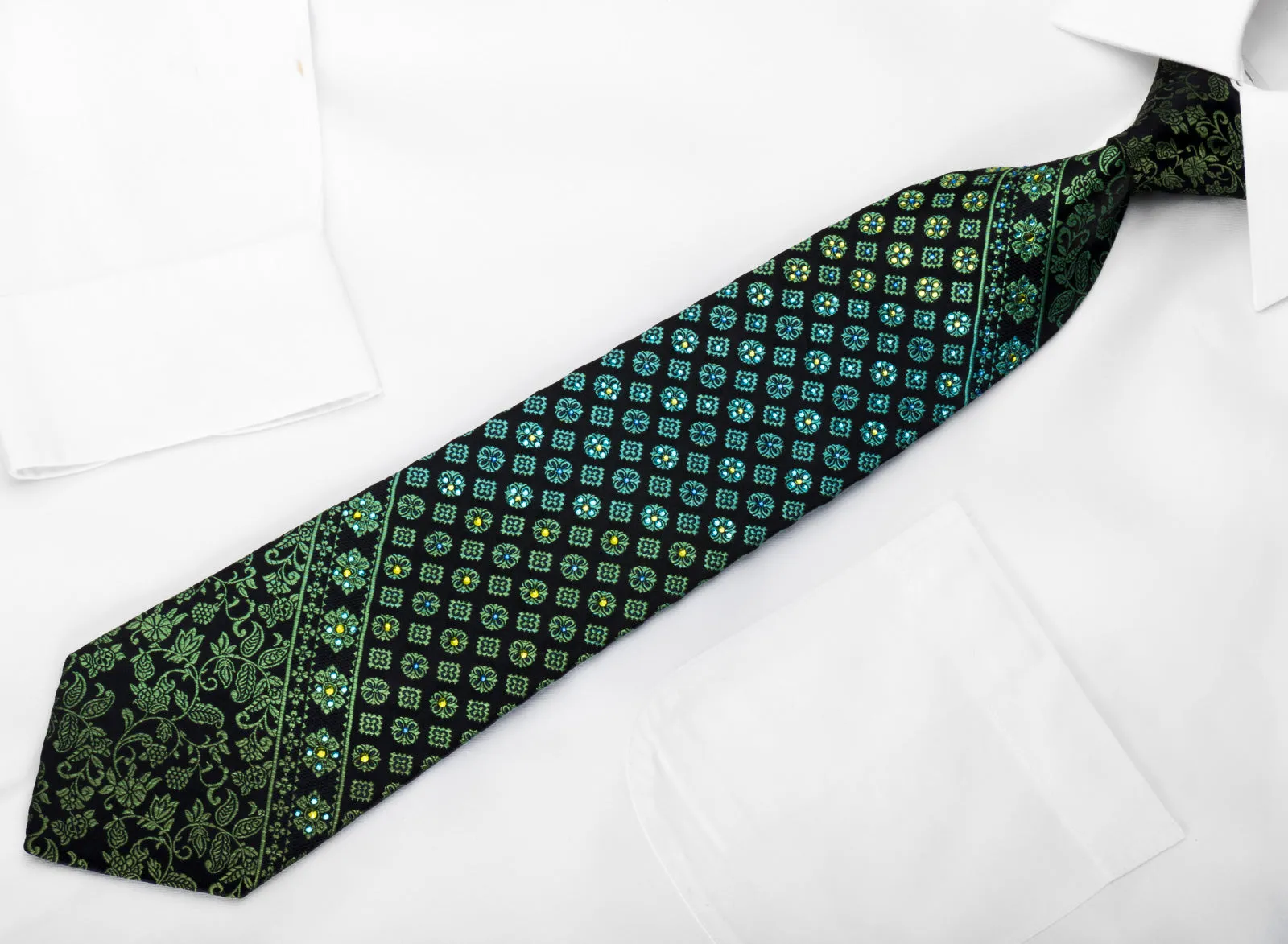 Perry Ellis Men's Silk Necktie Green Floral On Black Sparkling With Rhinestones