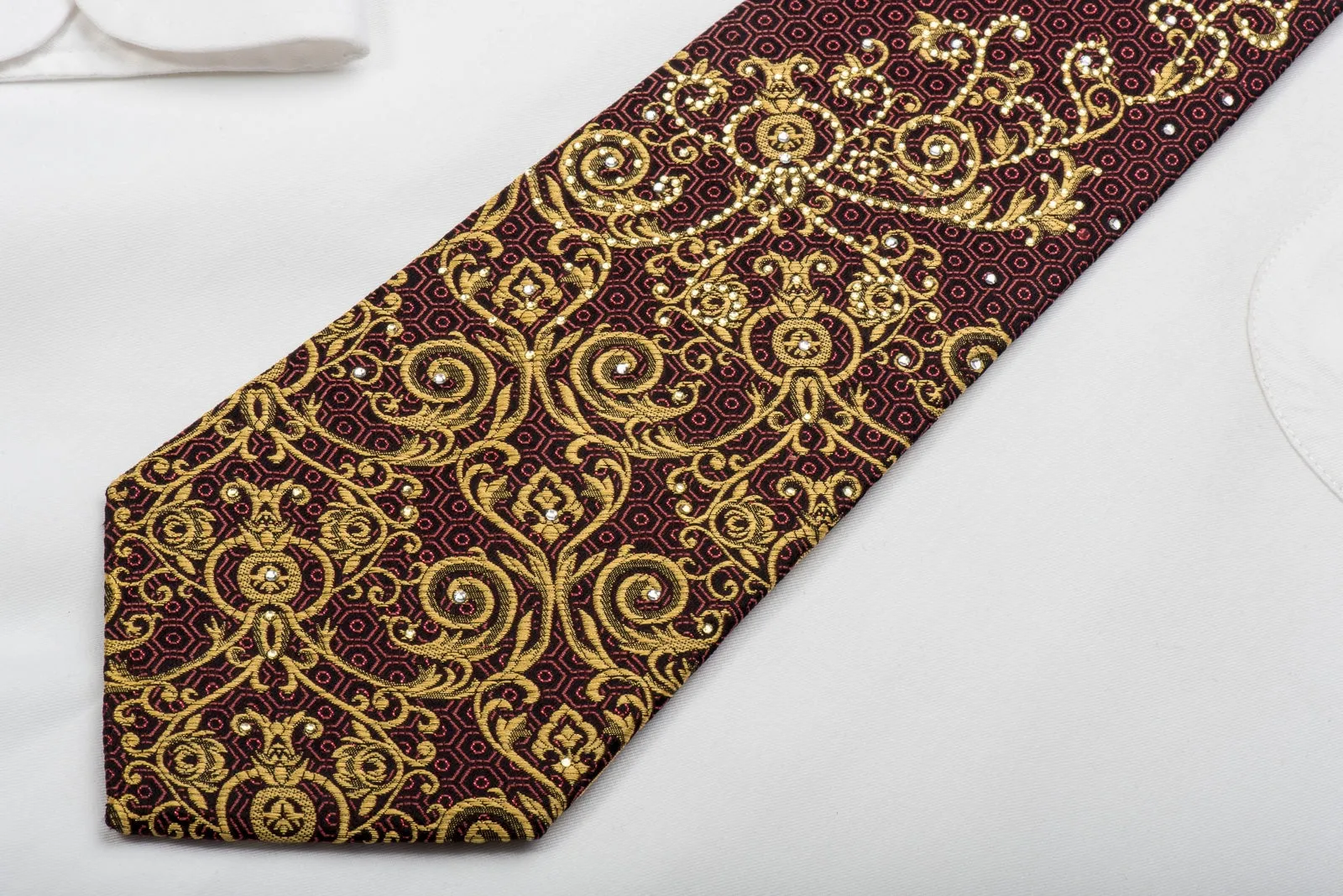 Perry Ellis Rhinestone Silk Necktie Golden Filigree On Dark Burgundy With Gold Sparkles