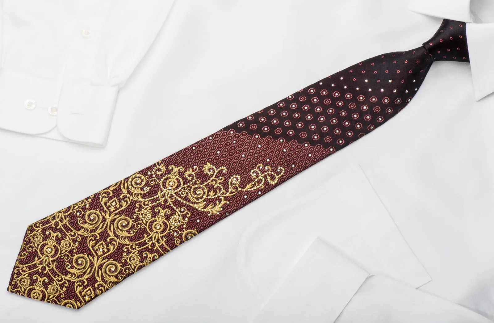 Perry Ellis Rhinestone Silk Necktie Golden Filigree On Dark Burgundy With Gold Sparkles