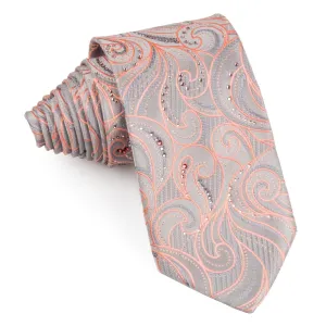 Perry Ellis Rhinestone Silk Necktie Peach Pink Paisley On Silver With Rhinestones