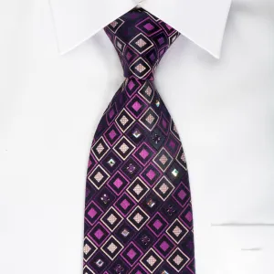 Perry Ellis Silk Rhinestone Necktie Checker On Purple With Square Rhinestones