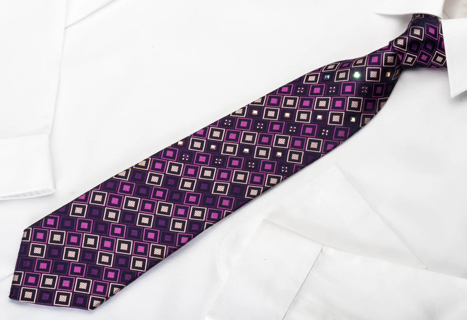 Perry Ellis Silk Rhinestone Necktie Checker On Purple With Square Rhinestones