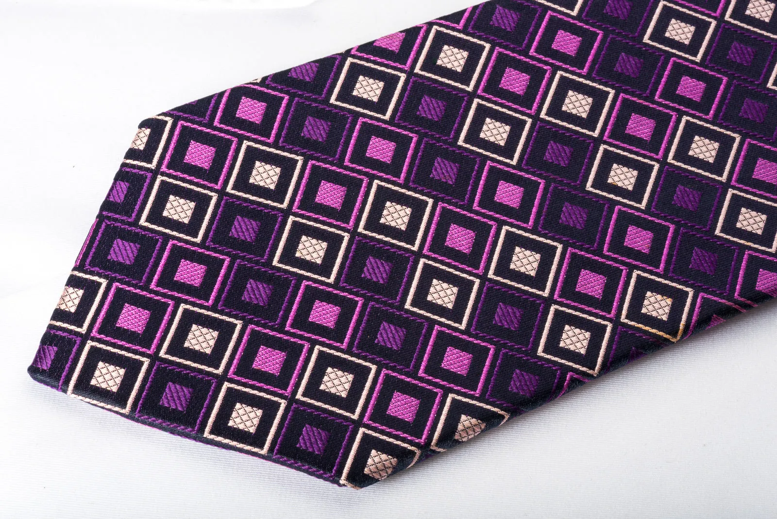 Perry Ellis Silk Rhinestone Necktie Checker On Purple With Square Rhinestones