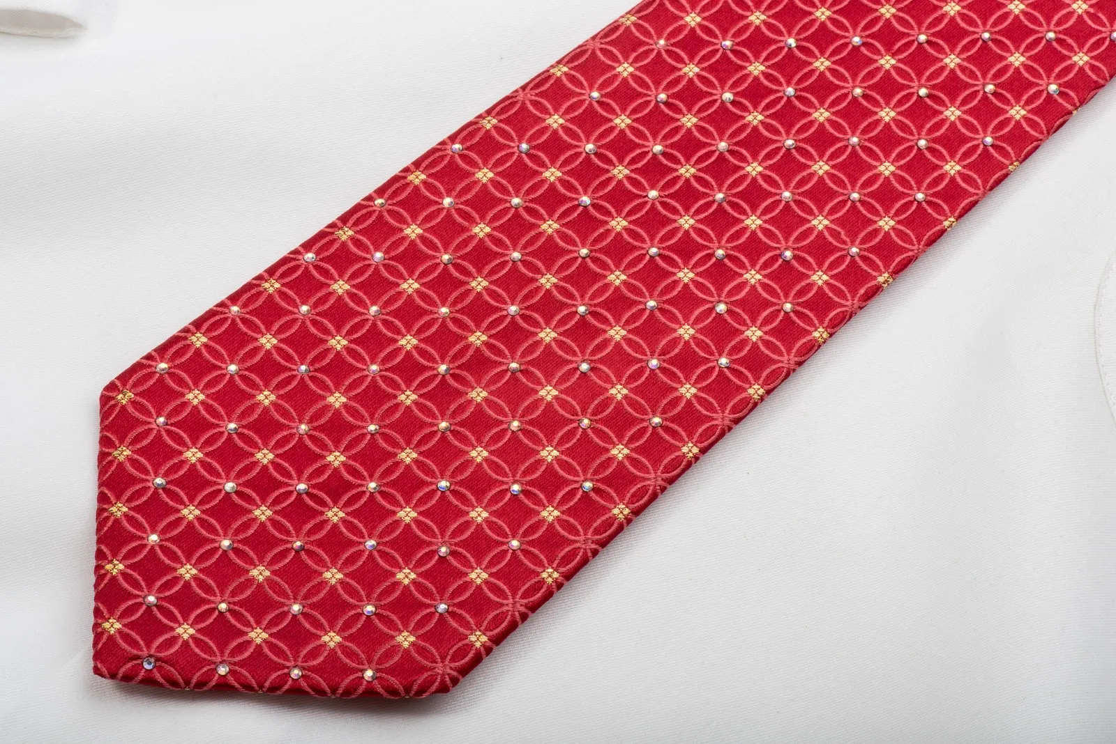 Pierre Cardin Rhinestone Silk Necktie Interlocking Circles On Red With Gold Sparkles