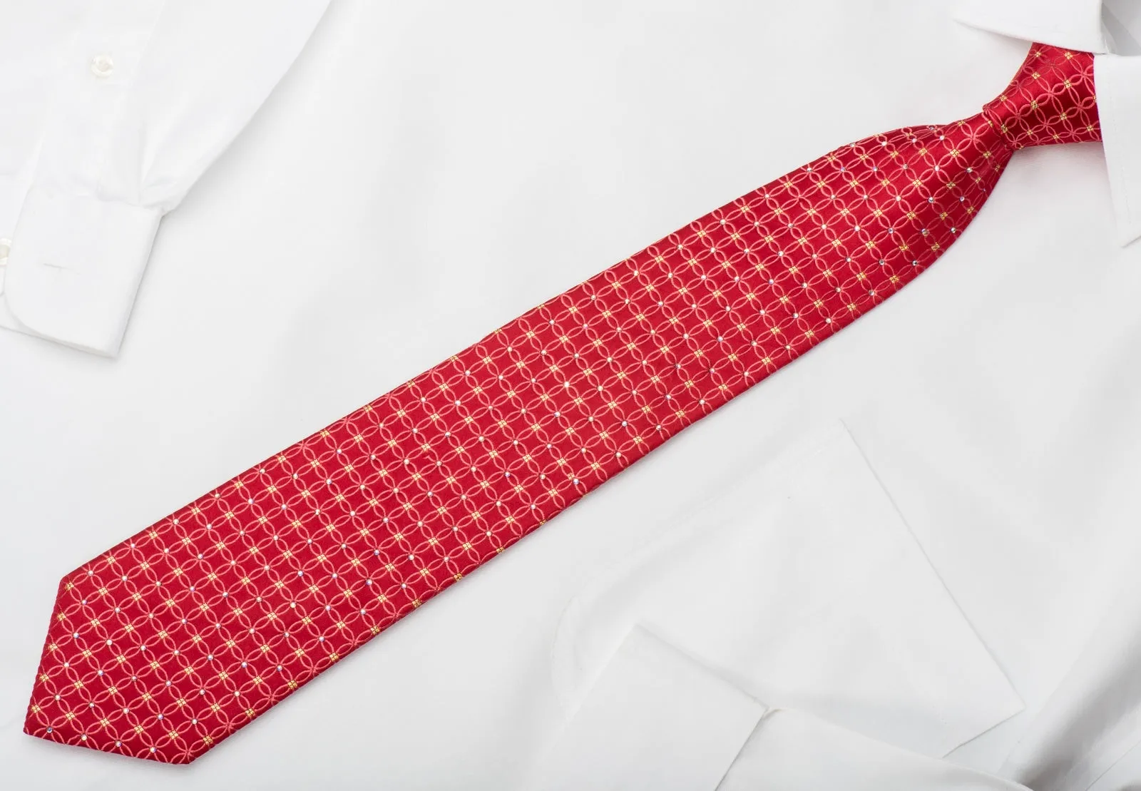 Pierre Cardin Rhinestone Silk Necktie Interlocking Circles On Red With Gold Sparkles