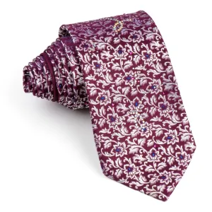 Pierre Cardin Rhinestone Tie Silk Silver Floral Design On Burgundy