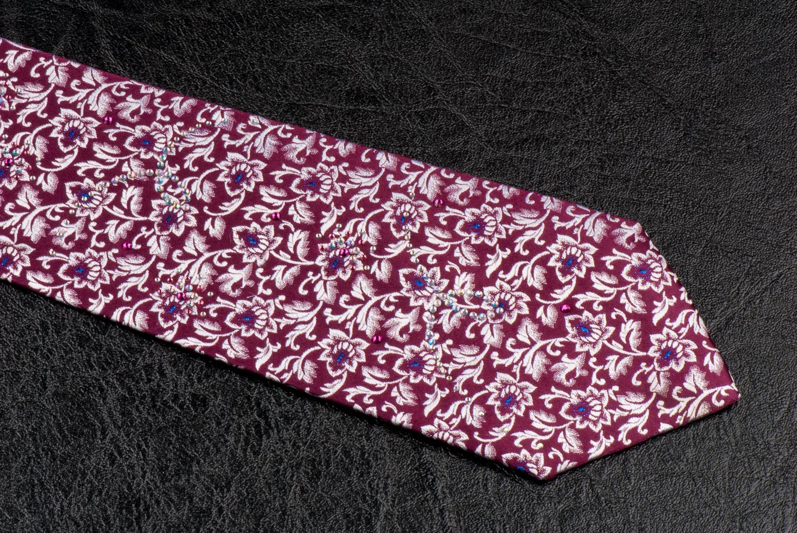 Pierre Cardin Rhinestone Tie Silk Silver Floral Design On Burgundy