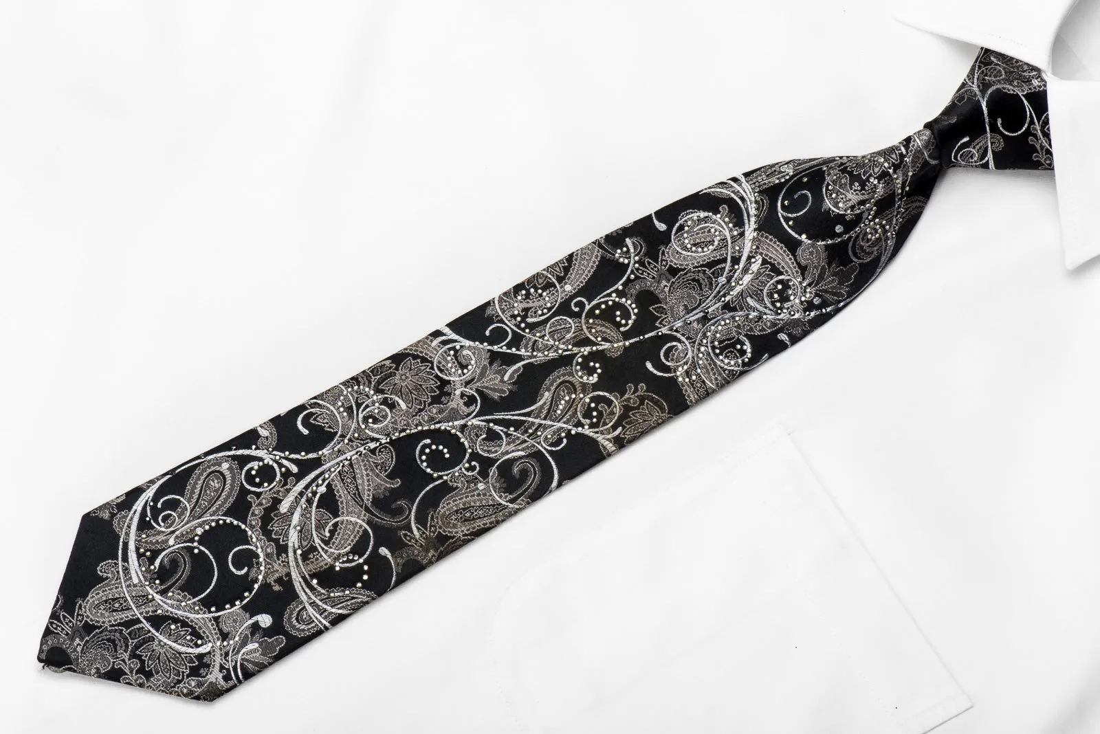 Premierlux Men's Crystal Silk Necktie Silver Scrolls & Acanthus On Black With Silver Sparkles