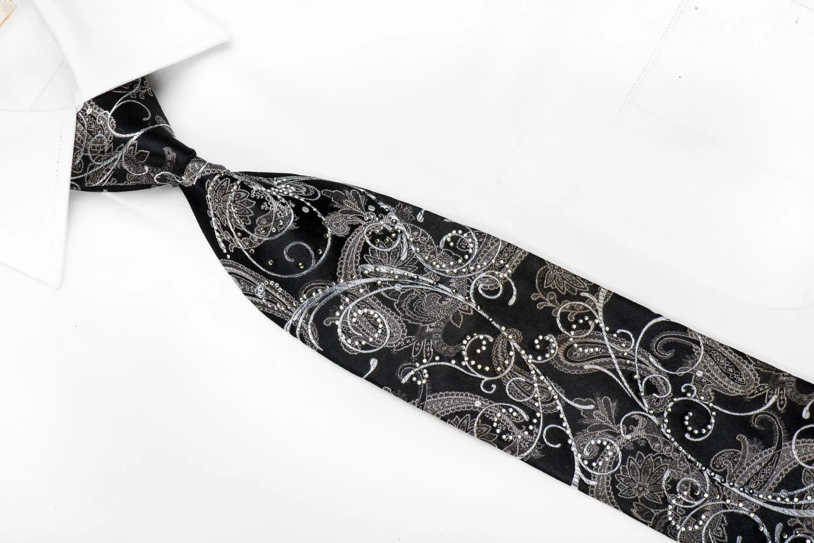 Premierlux Men's Crystal Silk Necktie Silver Scrolls & Acanthus On Black With Silver Sparkles