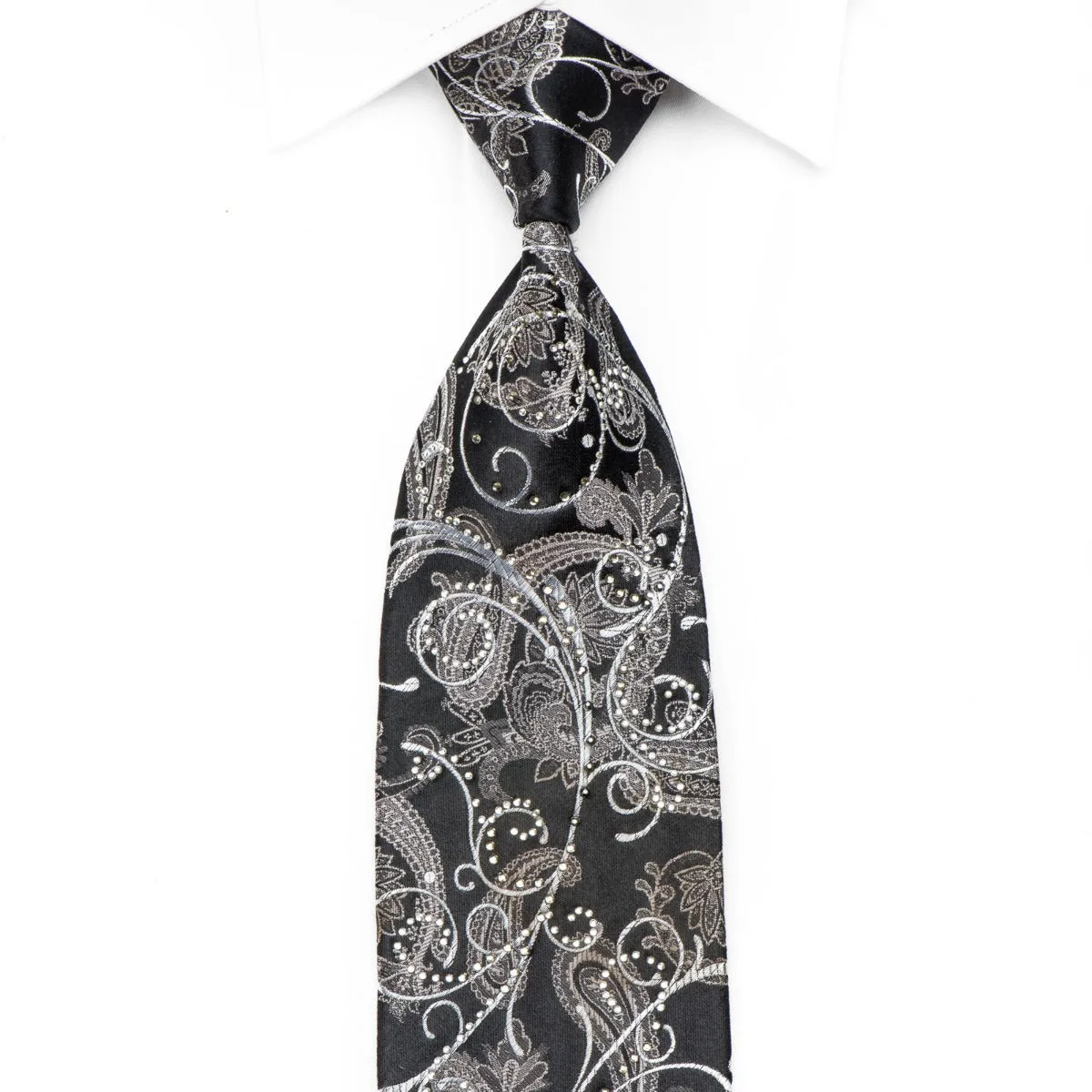 Premierlux Men's Crystal Silk Necktie Silver Scrolls & Acanthus On Black With Silver Sparkles