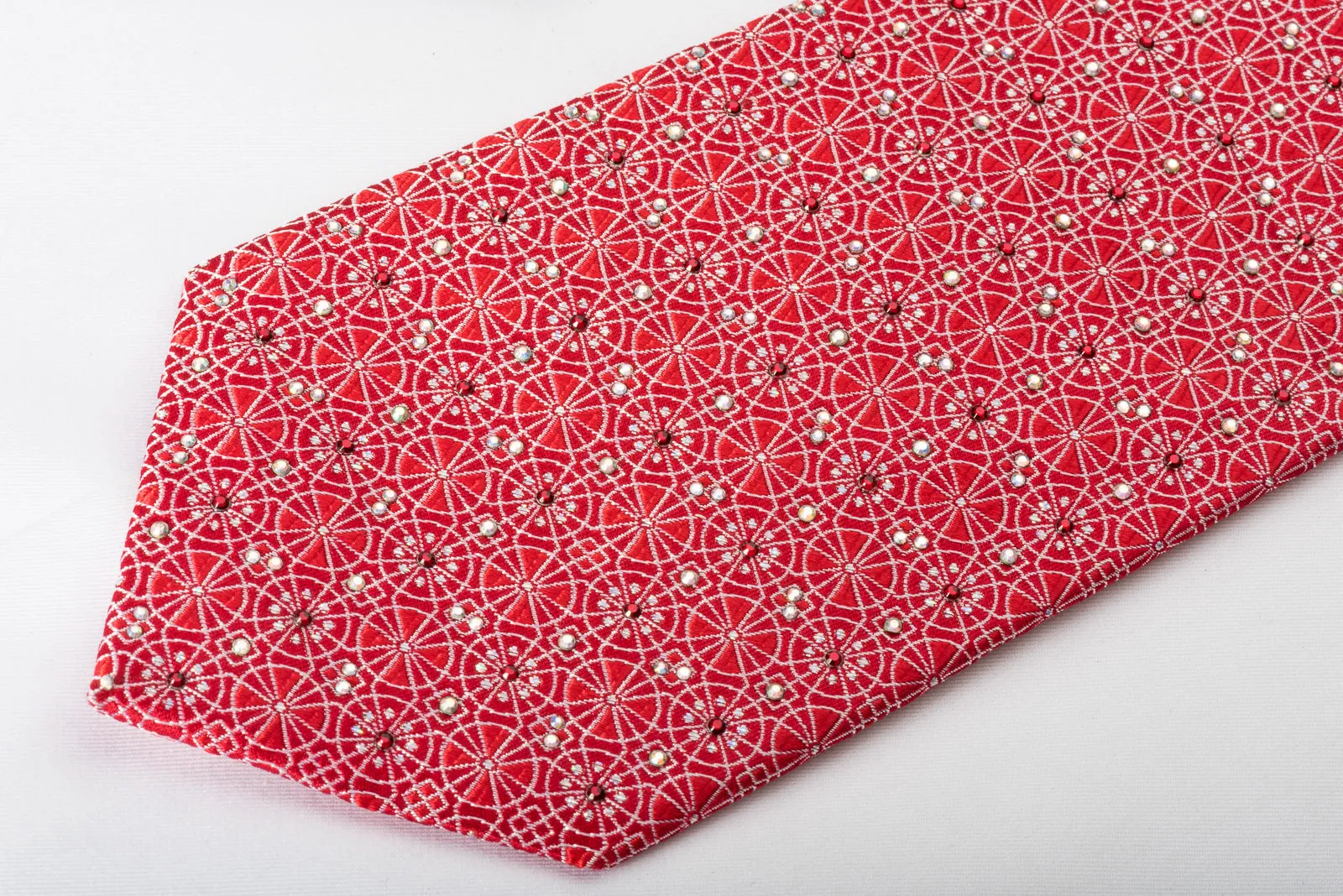 Premierlux Silk Rhinestone Tie Silver Arabesque On Red