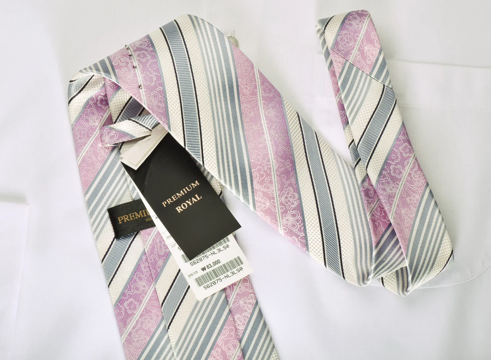 Premium Royal Silk Necktie Pink Silver Stripes On White With Rhinestones