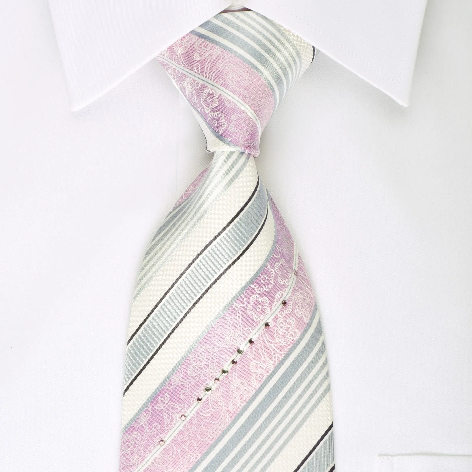 Premium Royal Silk Necktie Pink Silver Stripes On White With Rhinestones