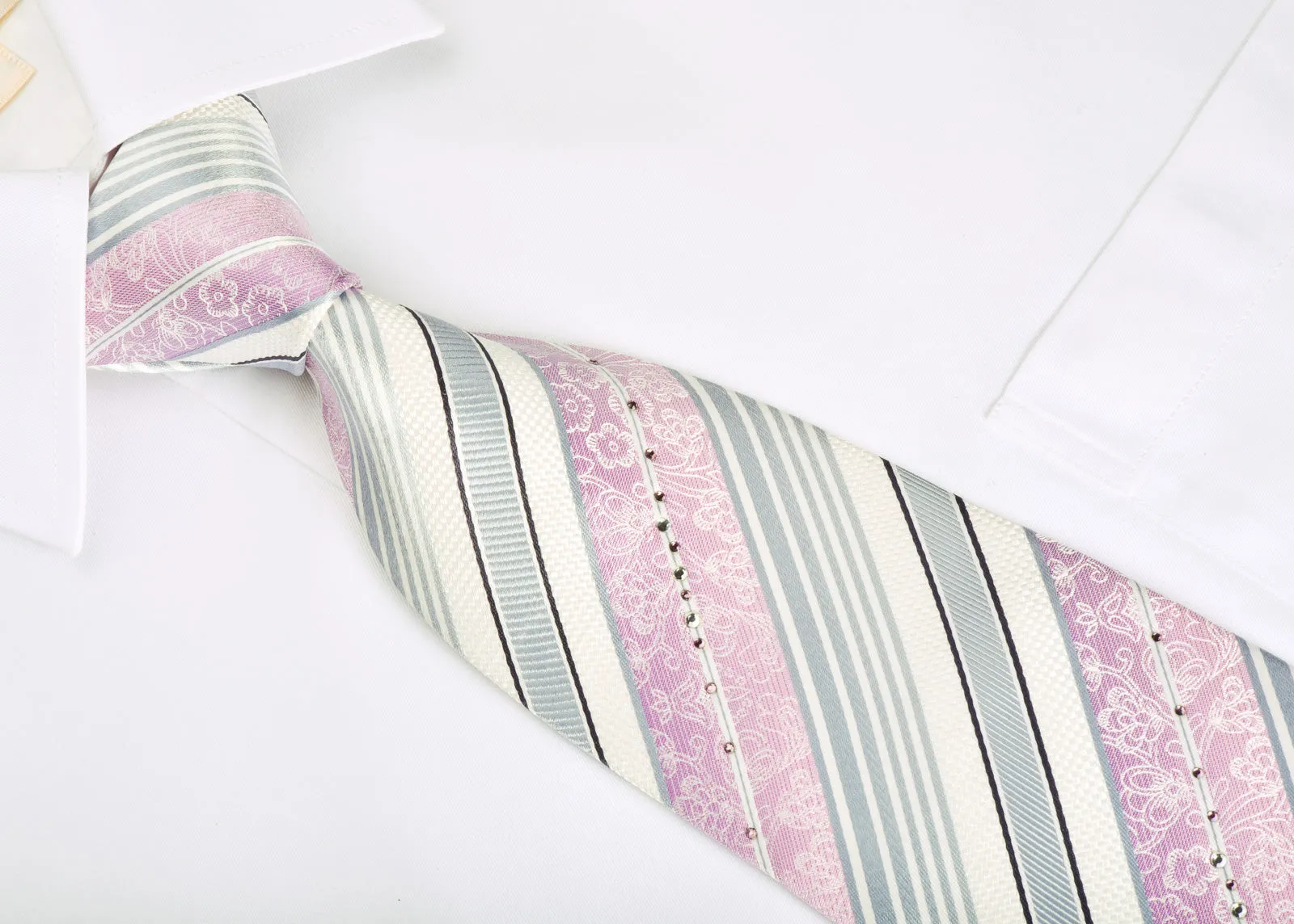 Premium Royal Silk Necktie Pink Silver Stripes On White With Rhinestones