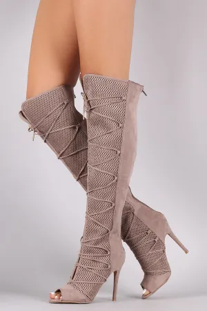 Qupid Lace Up Perforated OTK Stiletto Boots