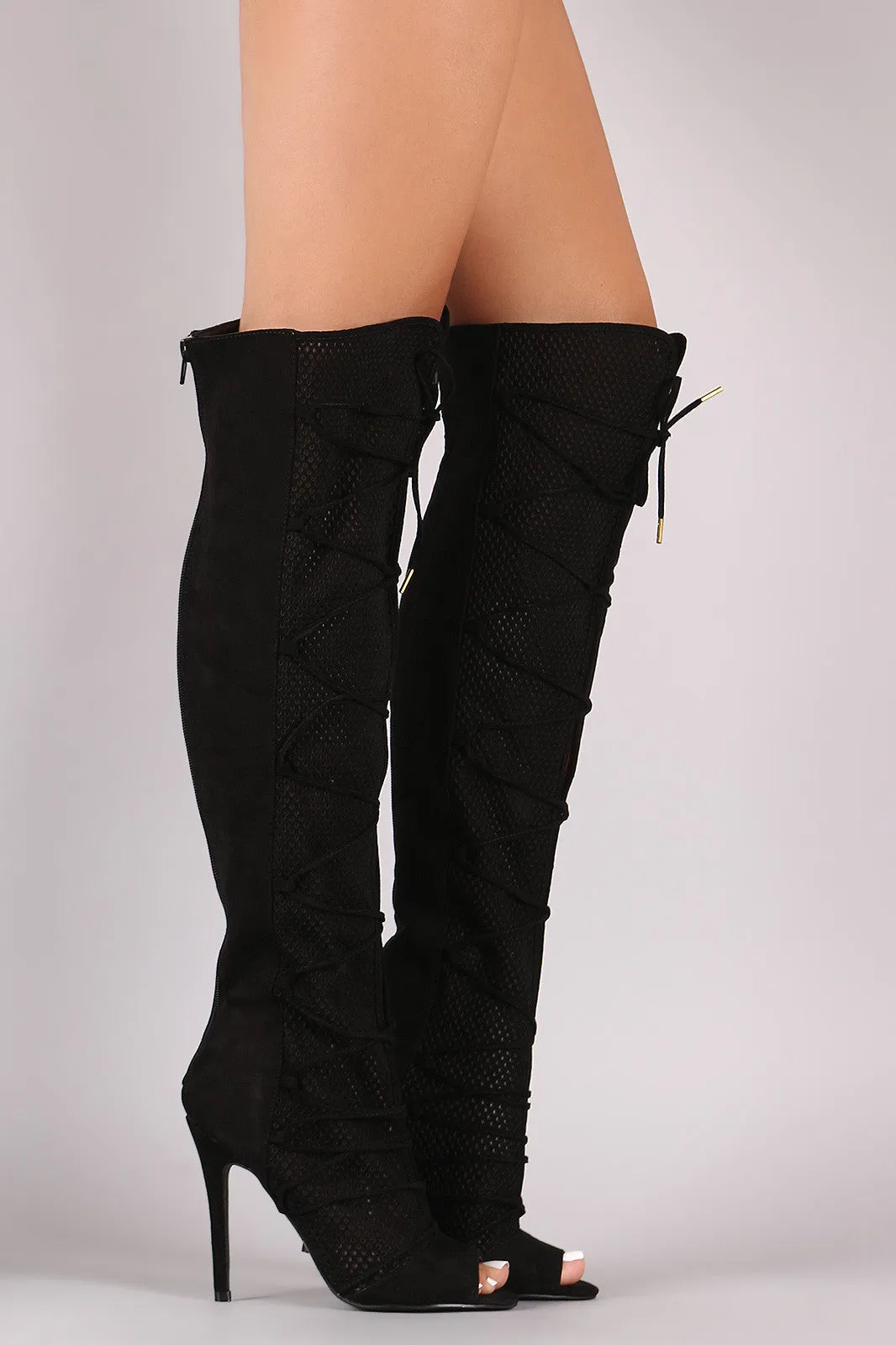 Qupid Lace Up Perforated OTK Stiletto Boots