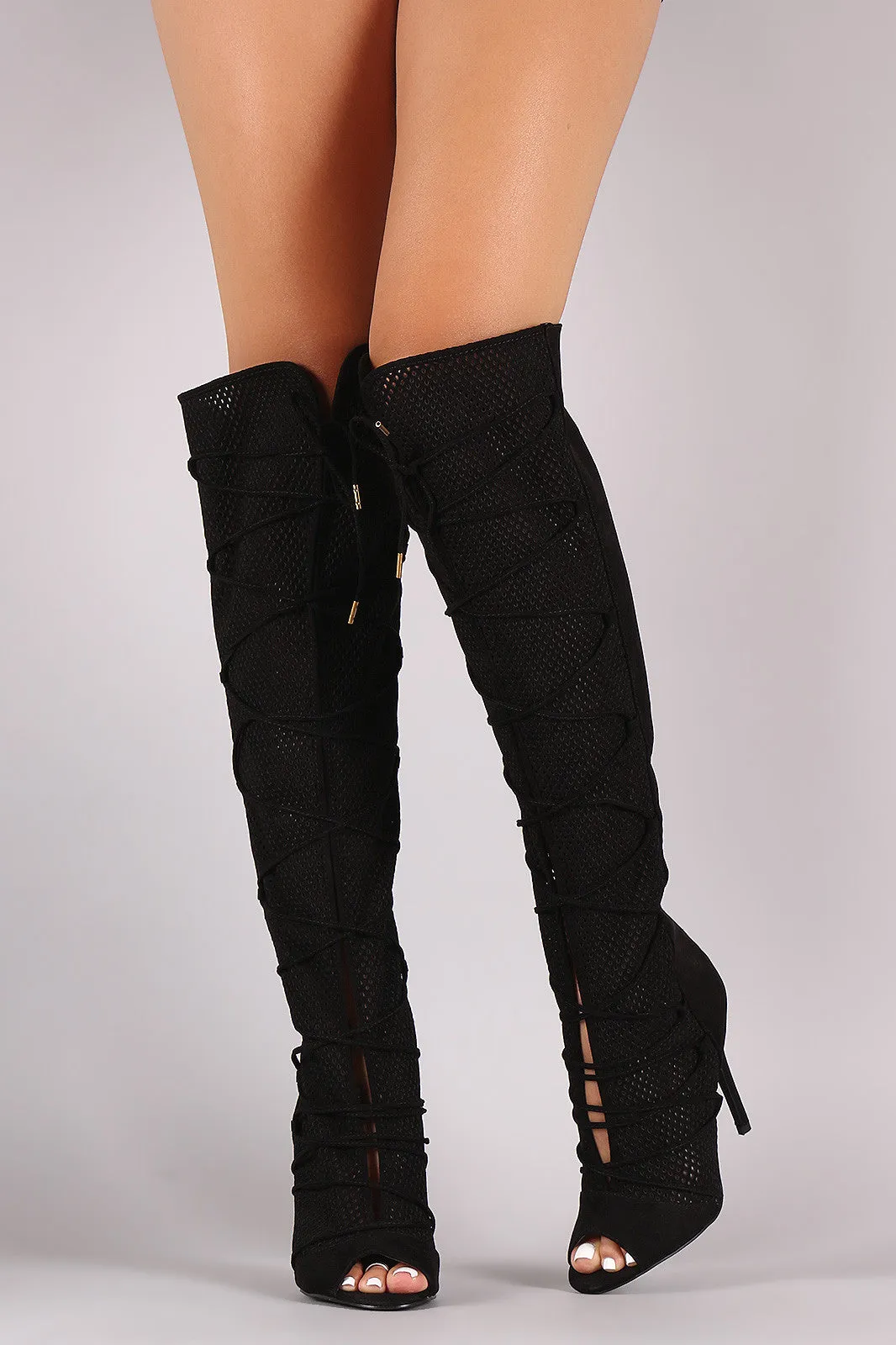 Qupid Lace Up Perforated OTK Stiletto Boots