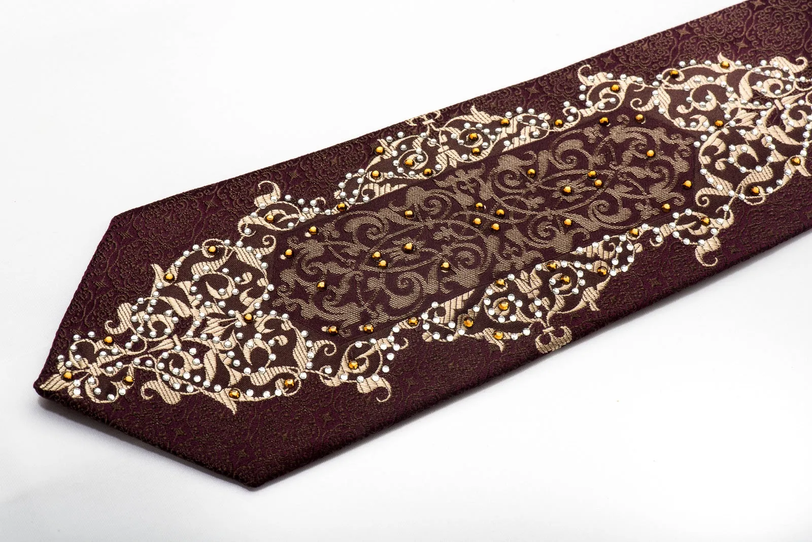 Remizio Men's Silk Necktie Gold Damask On Burgundy Sparkling With Crystal Rhinestones