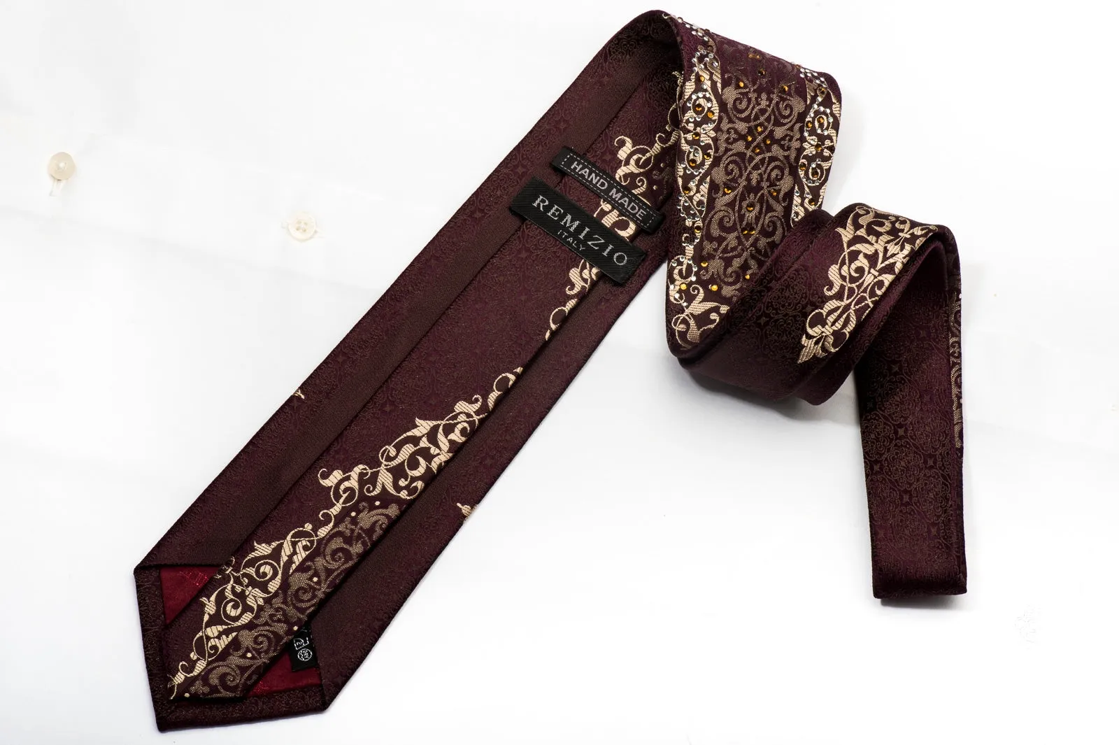 Remizio Men's Silk Necktie Gold Damask On Burgundy Sparkling With Crystal Rhinestones